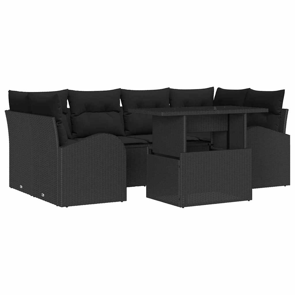 Garten-Sofa-Set mit Kissen mit Kissen 7 pcs Schwarz Poly Rattan