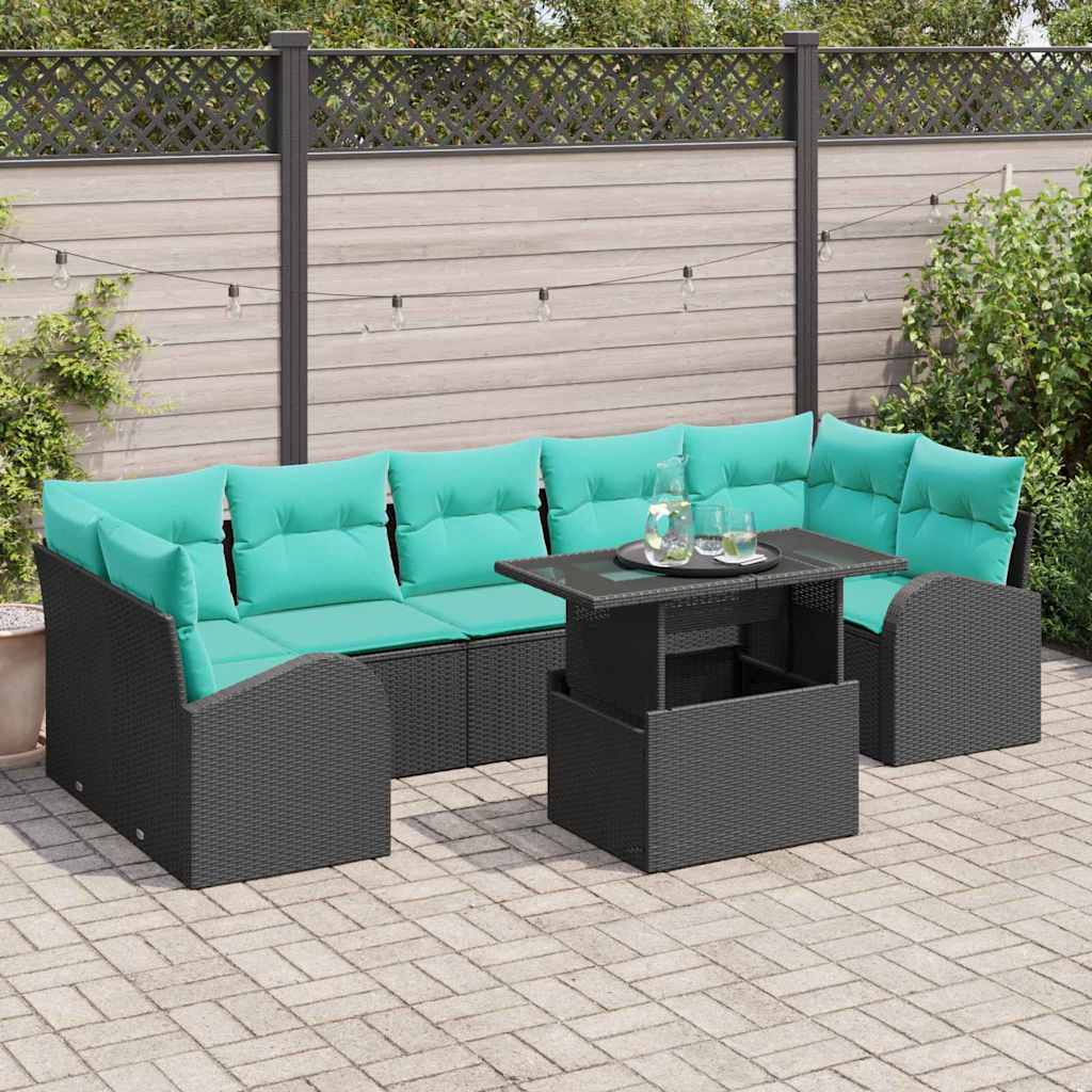 Garten-Sofa-Set mit Kissen mit Kissen 8 pcs Schwarz Poly Rattan