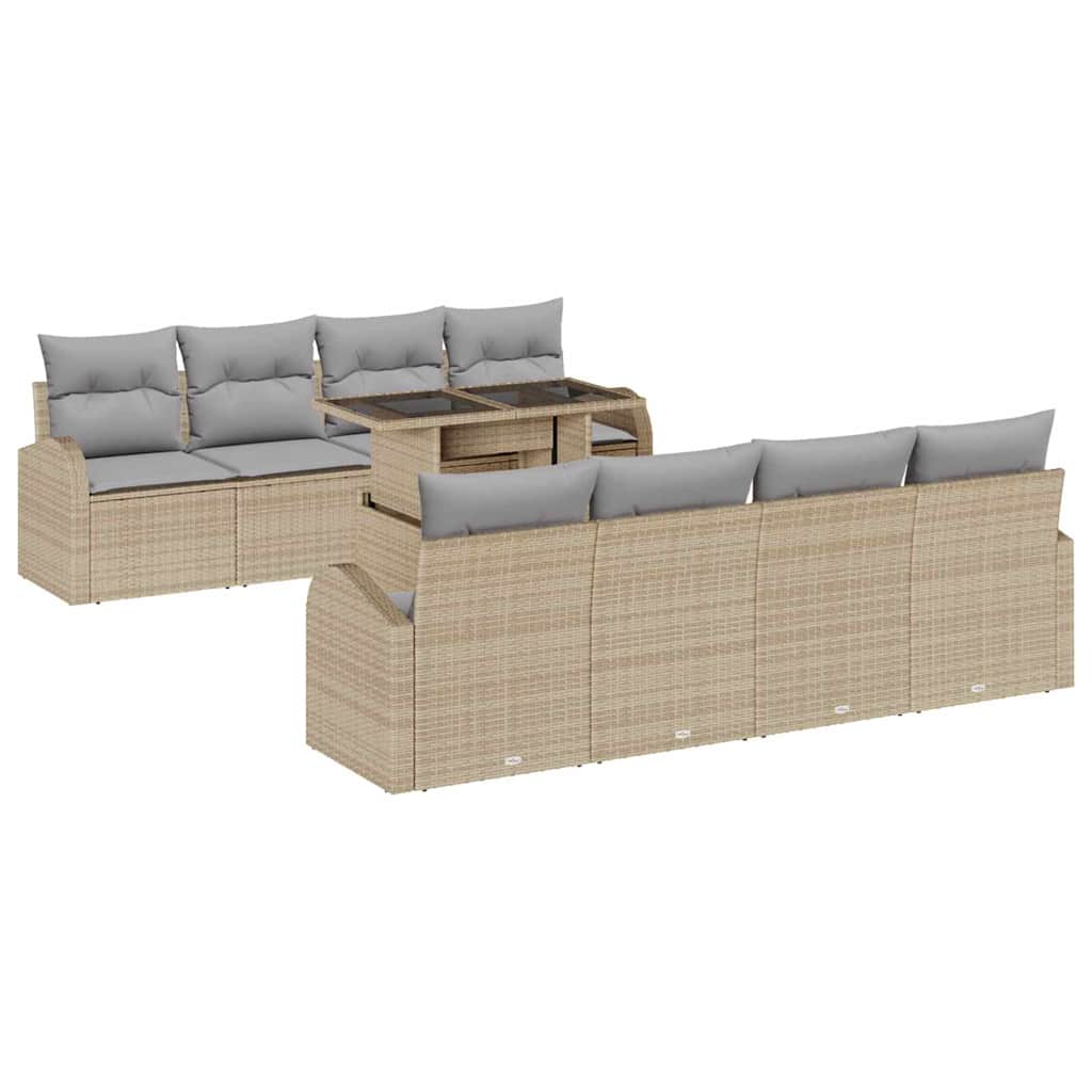 Gartensofa-set mit Kissen mit Speicher 9 pcs Beige Poly Rattan