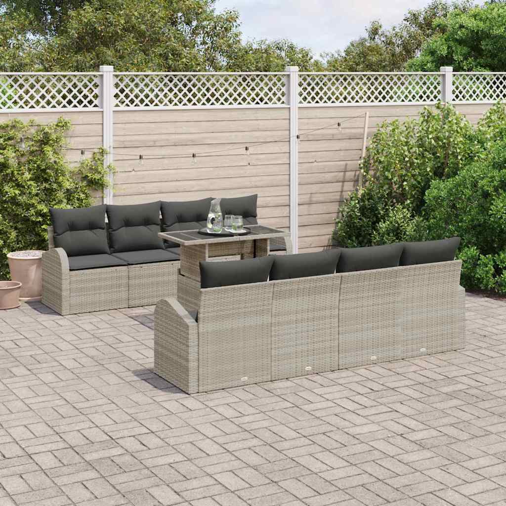 Gartensofa-set mit Kissen mit Kissen 9 pcs Hellgrau Poly Rattan