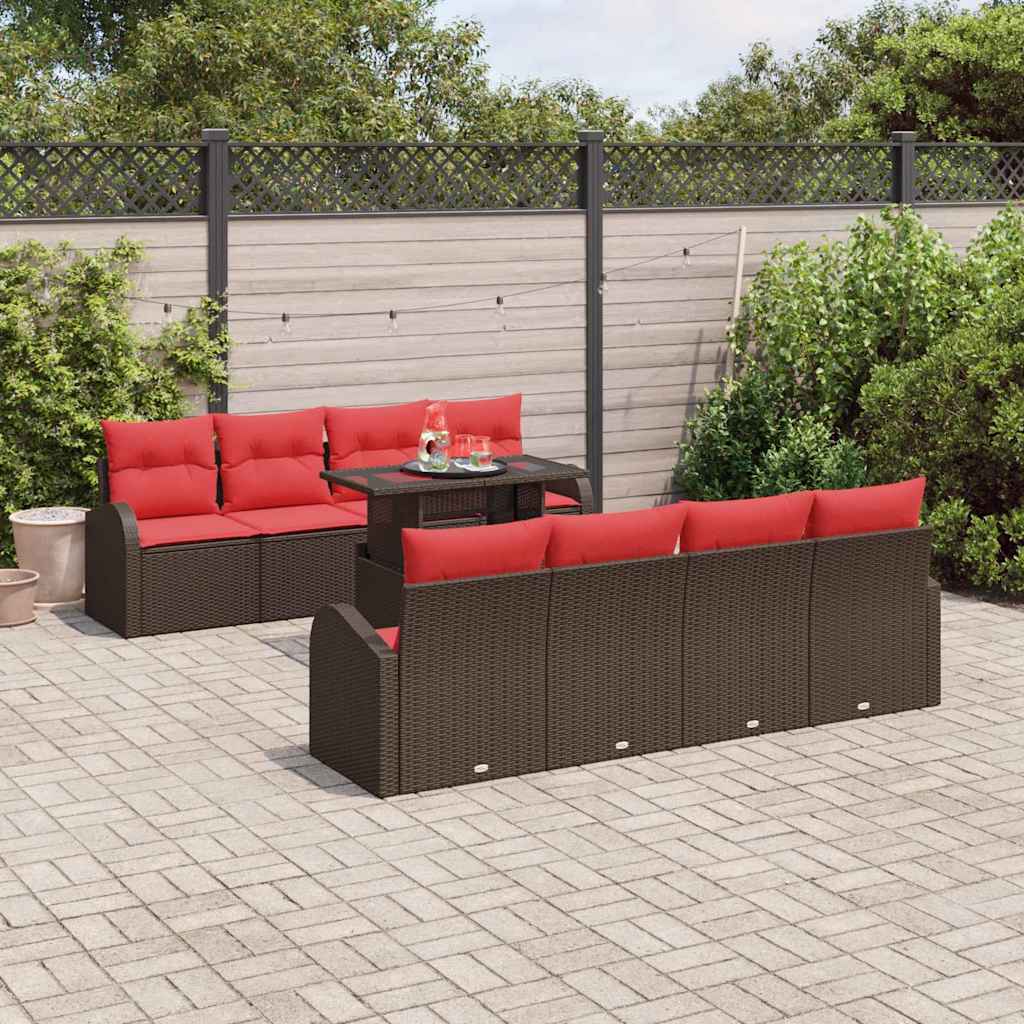 Gartensofa-set mit Kissen mit Speicher 9 pcs Braun Poly Rattan