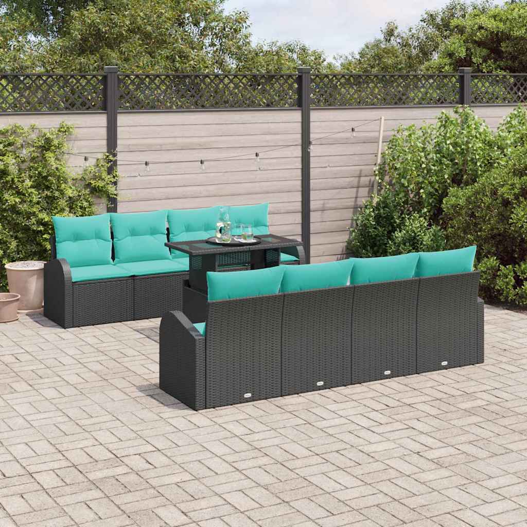 Garten-Sofa-Set mit Kissen mit Kissen 9 pcs Schwarz Poly Rattan