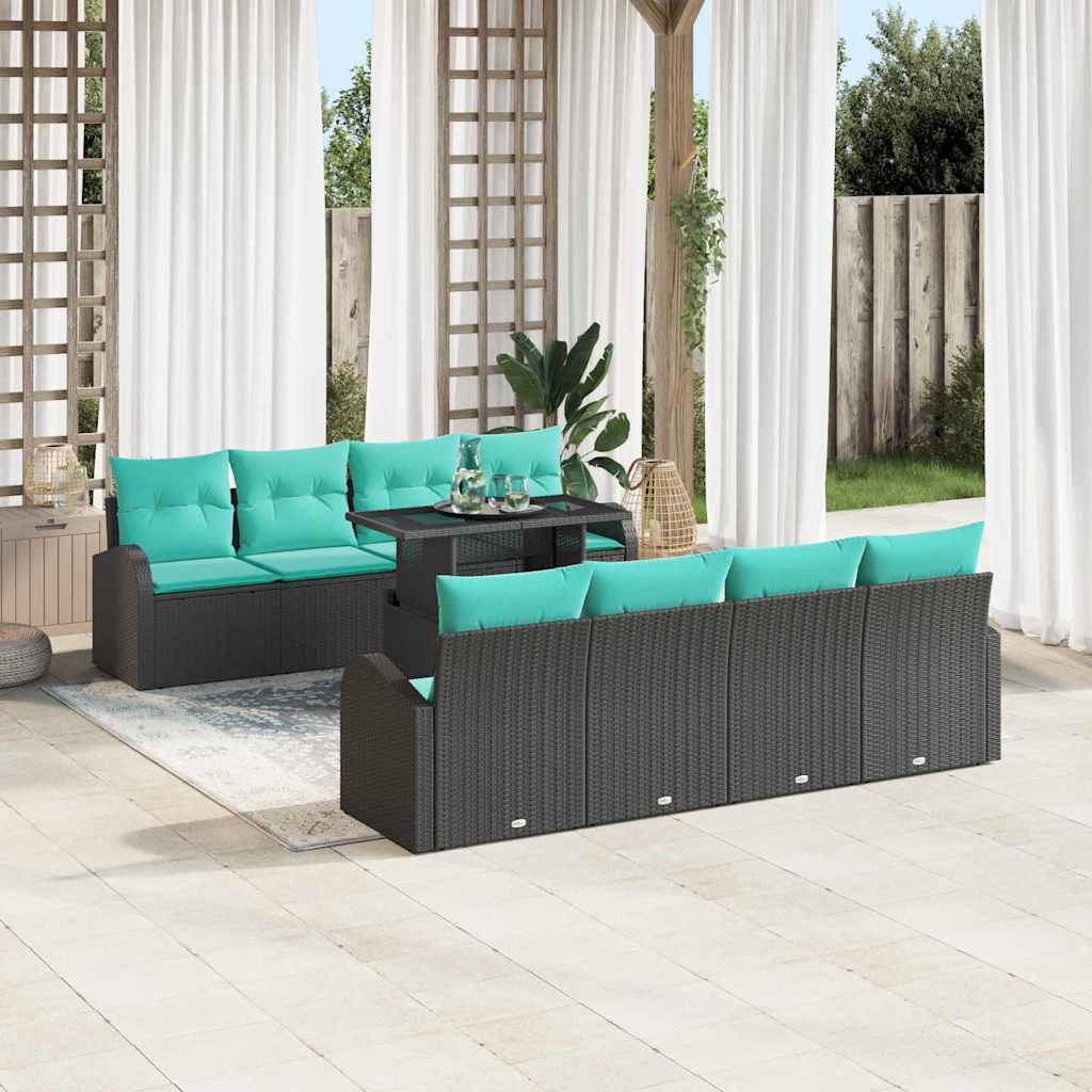 Garten-Sofa-Set mit Kissen mit Kissen 9 pcs Schwarz Poly Rattan