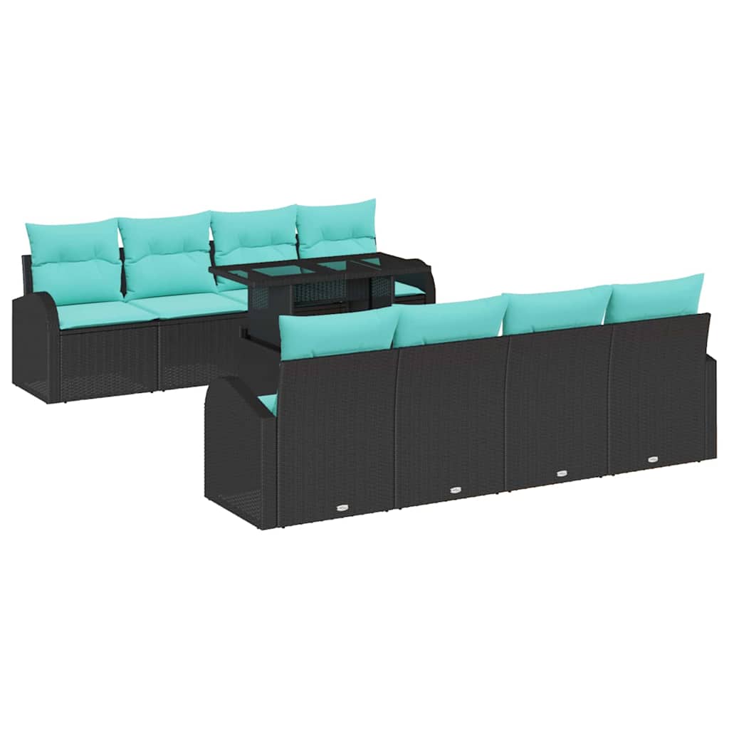Garten-Sofa-Set mit Kissen mit Kissen 9 pcs Schwarz Poly Rattan