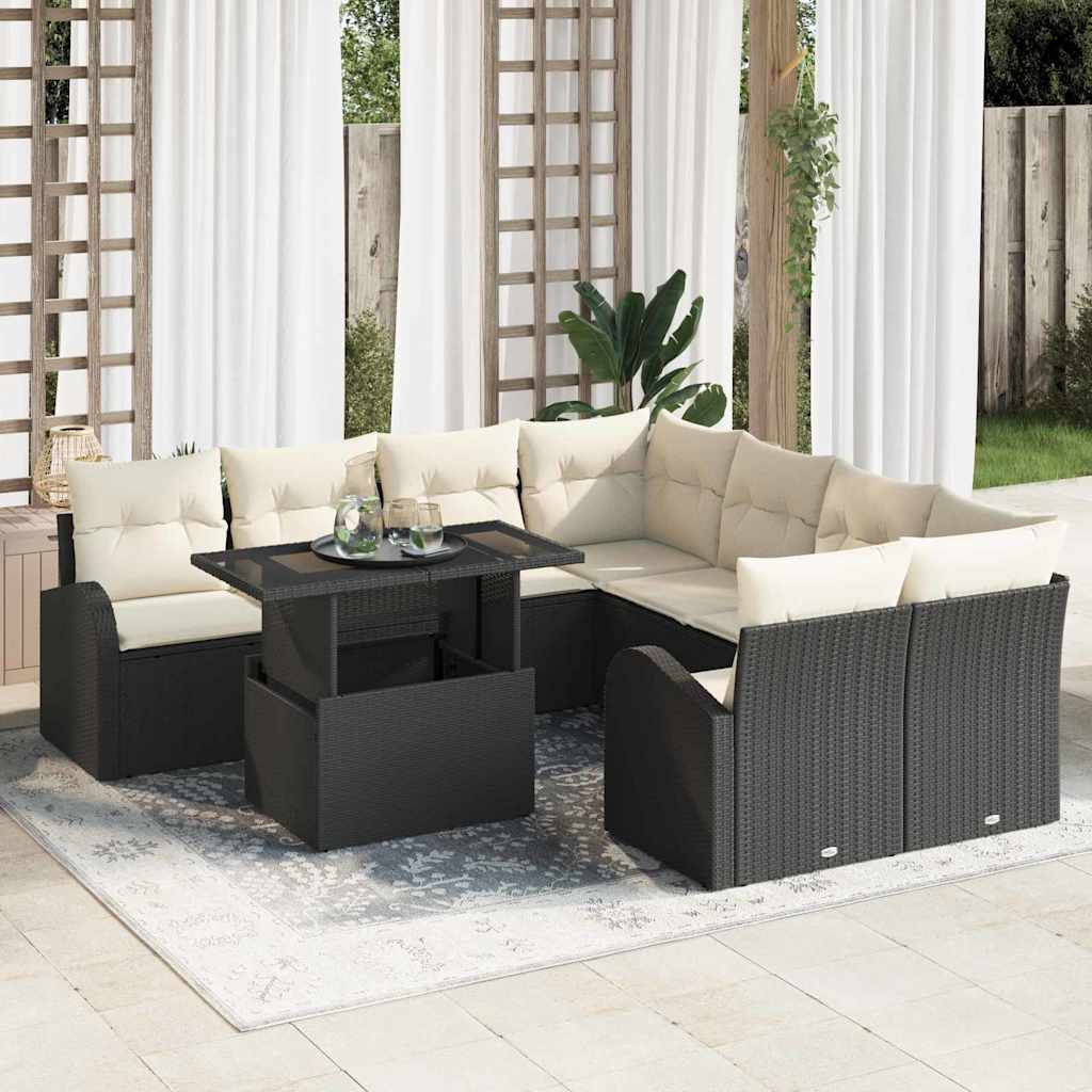 Garten-Sofa-Set mit Kissen mit Kissen 9 pcs Schwarz Poly Rattan