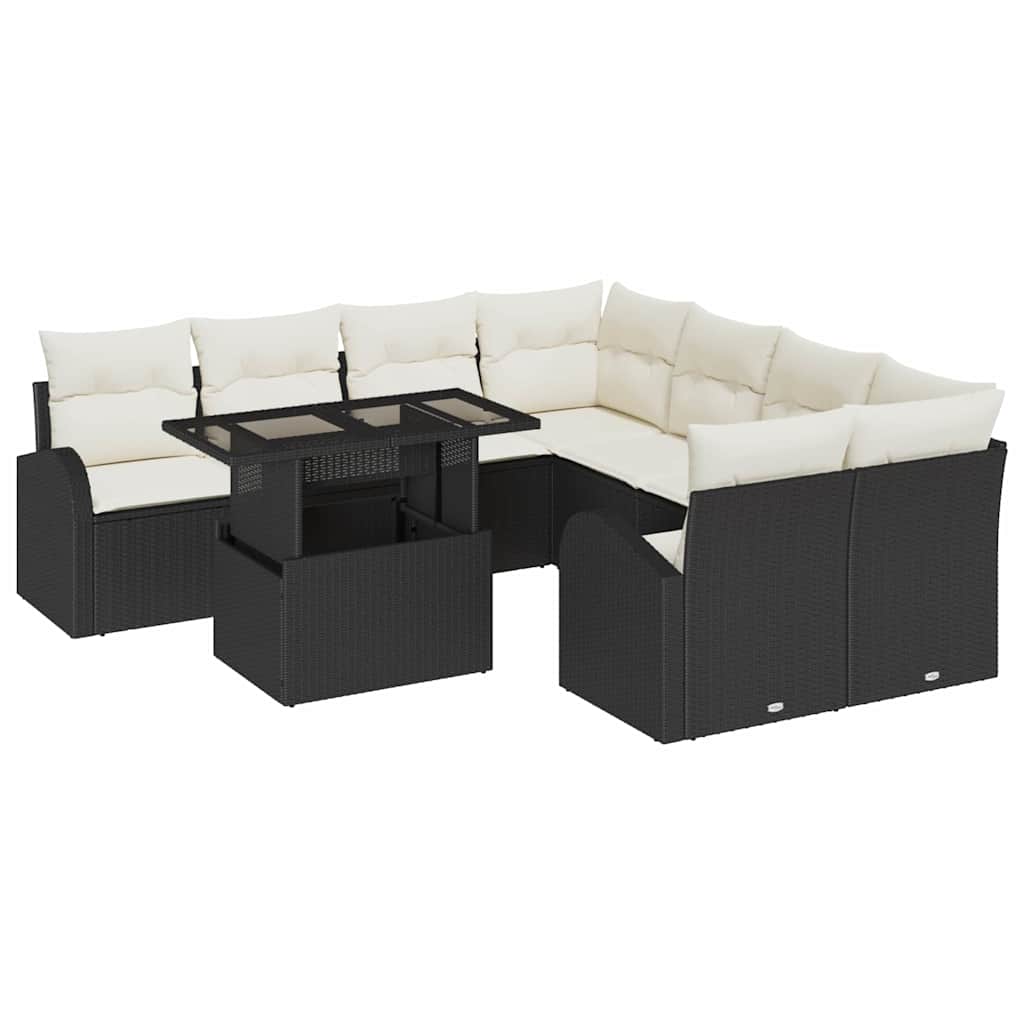 Garten-Sofa-Set mit Kissen mit Kissen 9 pcs Schwarz Poly Rattan