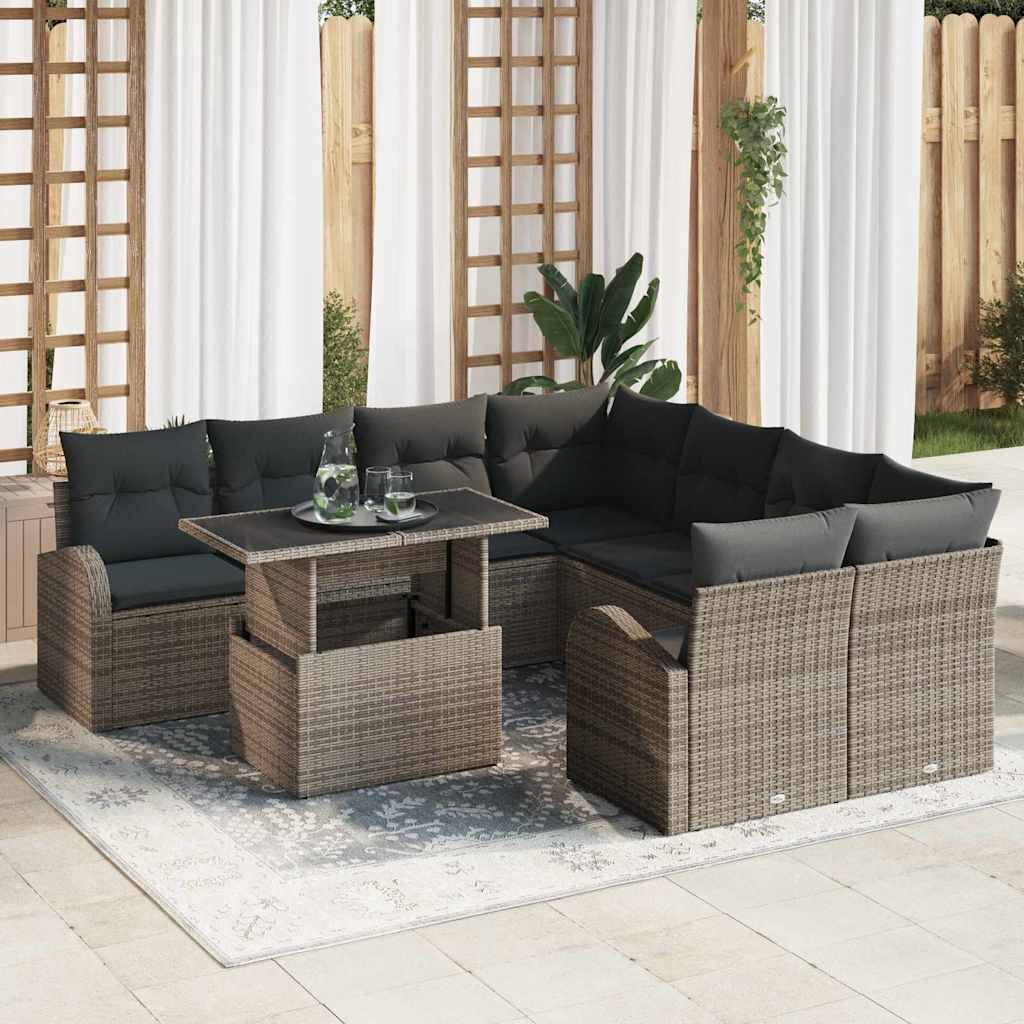 Garten-Sofa-Set mit Kissen mit Speicher 9 pcs Grau Poly Rattan