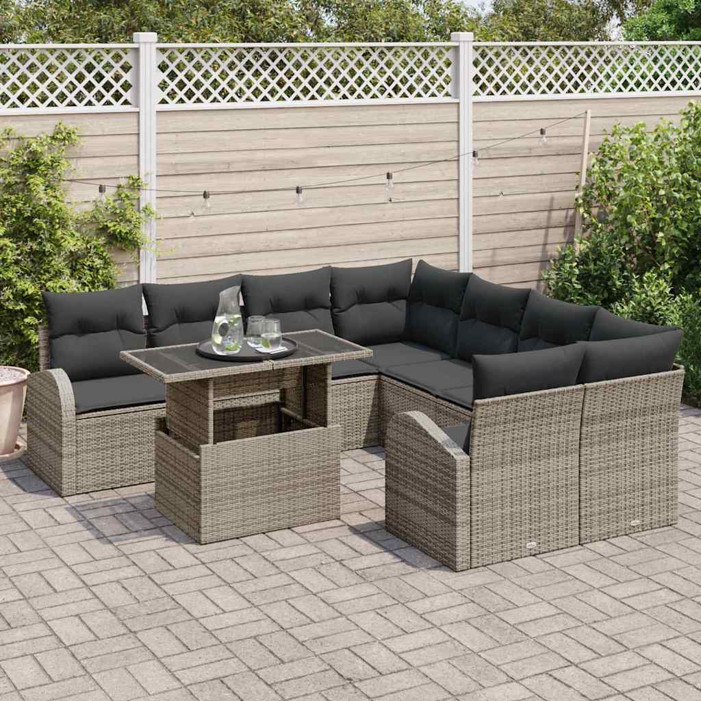 Garten-Sofa-Set mit Kissen mit Speicher 9 pcs Grau Poly Rattan