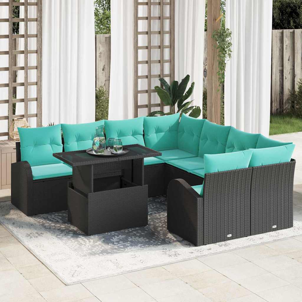 Garten-Sofa-Set mit Kissen mit Kissen 9 pcs Schwarz Poly Rattan