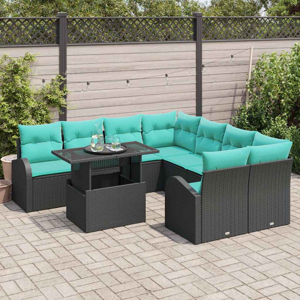 Garten-Sofa-Set mit Kissen mit Kissen 9 pcs Schwarz Poly Rattan