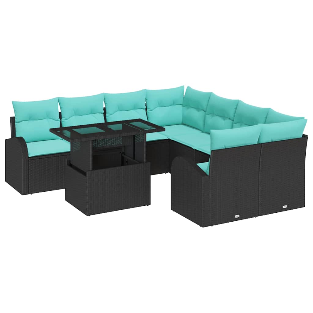 Garten-Sofa-Set mit Kissen mit Kissen 9 pcs Schwarz Poly Rattan