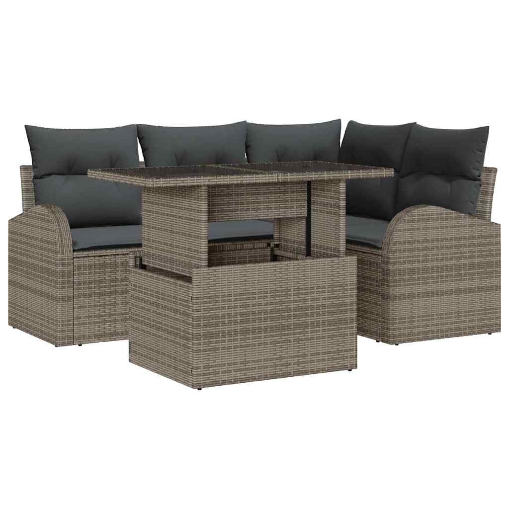 Gartensofa-set mit Kissen mit Speicher 5 pcs Grau Poly Rattan