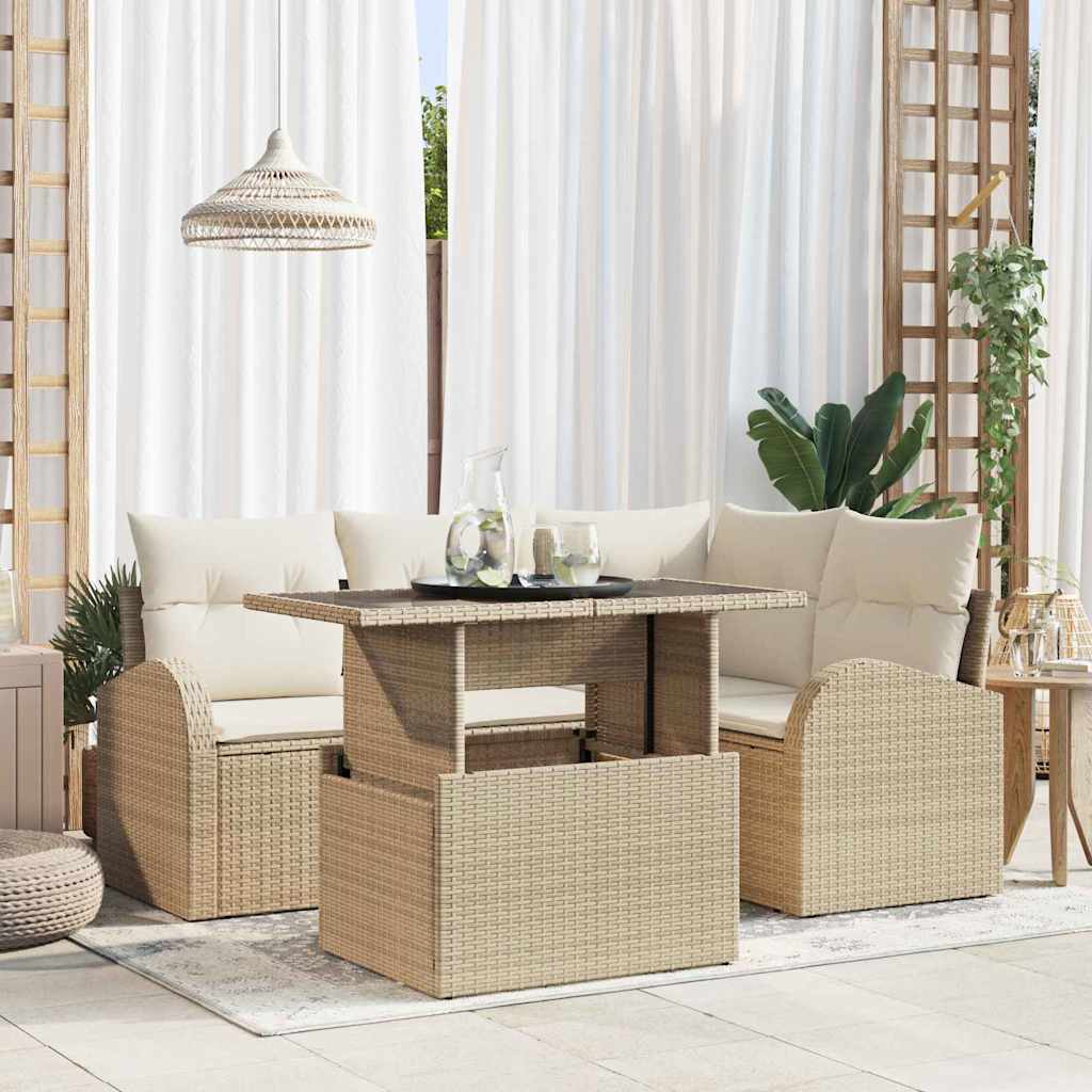 Gartensofa-set mit Kissen mit Speicher 5 pcs Beige Poly Rattan