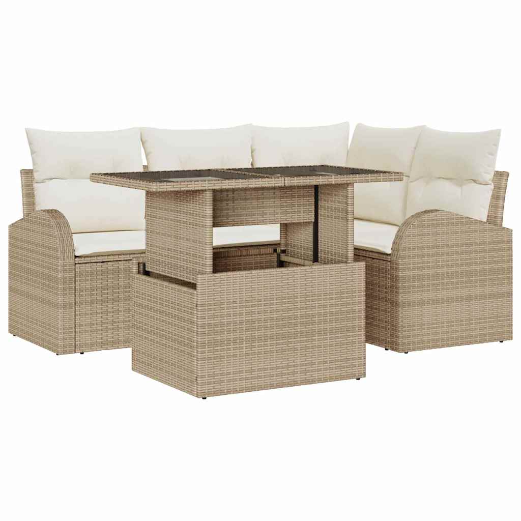 Gartensofa-set mit Kissen mit Speicher 5 pcs Beige Poly Rattan