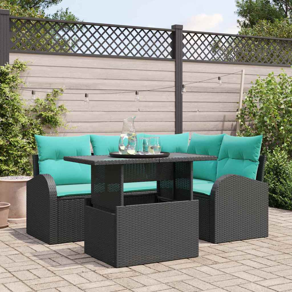 Gartensofa-set mit Kissen mit Kissen 5 pcs Schwarz Poly Rattan