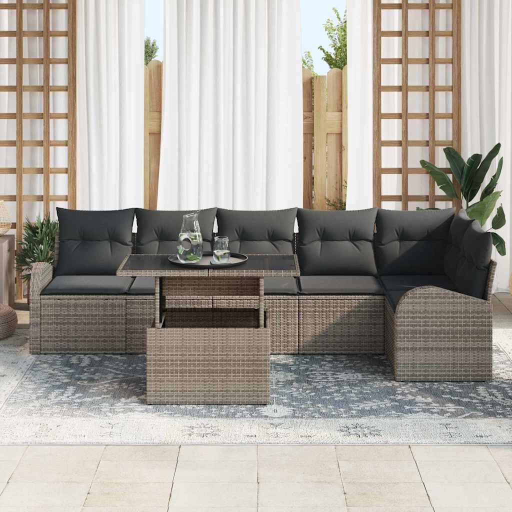 Gartensofa-set mit Kissen mit Speicher 7 pcs Grau Poly Rattan