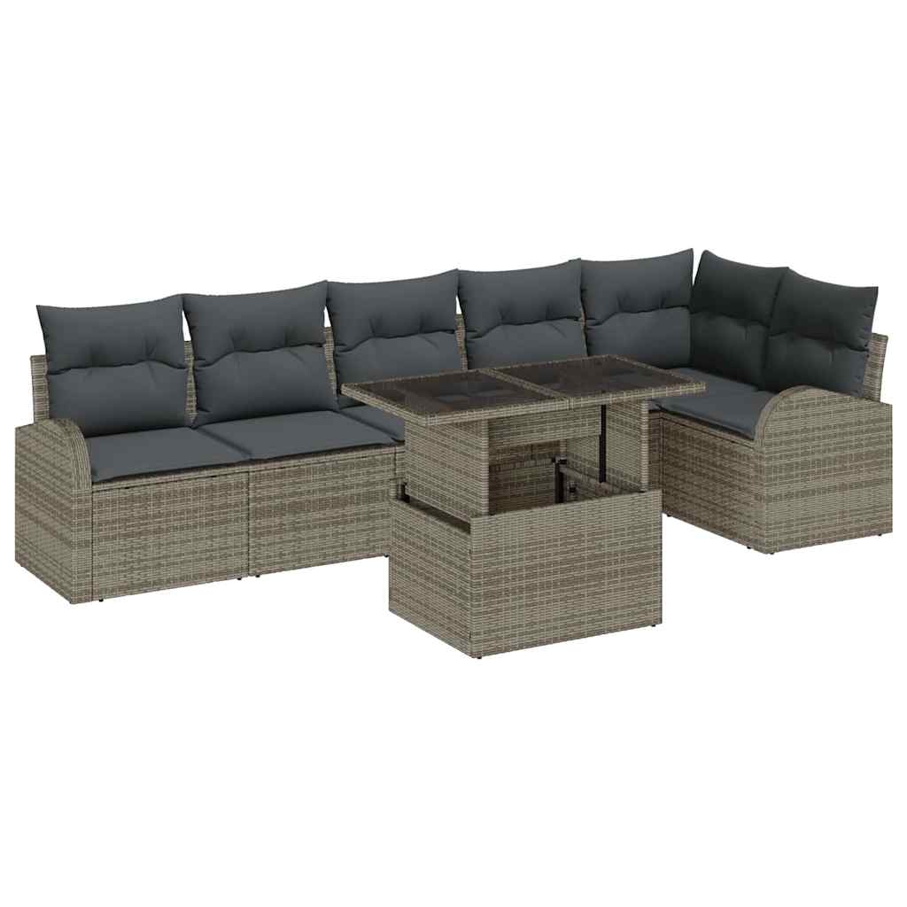 Gartensofa-set mit Kissen mit Speicher 7 pcs Grau Poly Rattan