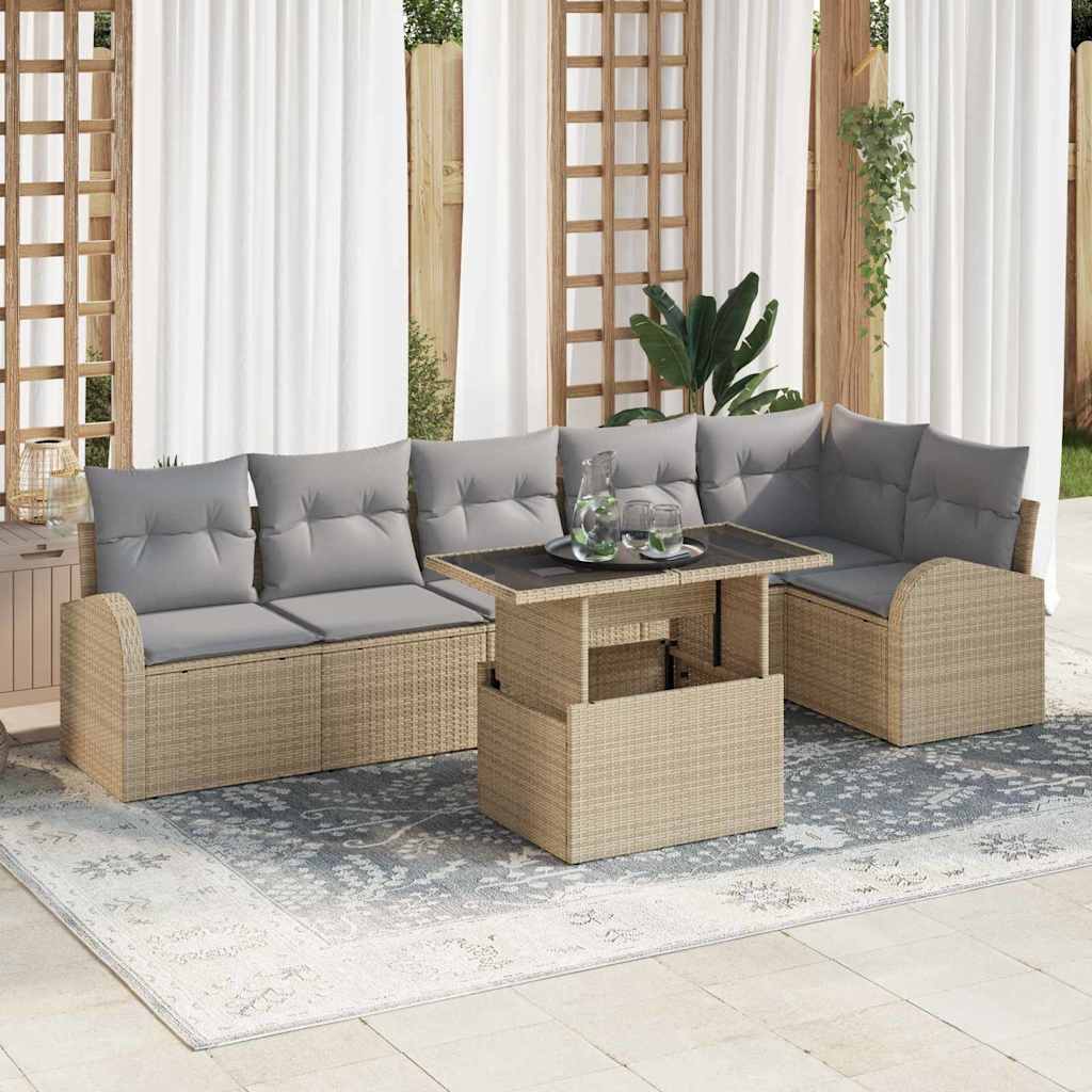 Gartensofa-set mit Kissen mit Speicher 7 pcs Beige Poly Rattan
