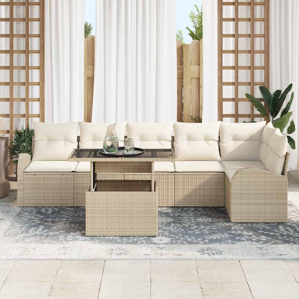 Gartensofa-set mit Kissen mit Speicher 7 pcs Beige Poly Rattan
