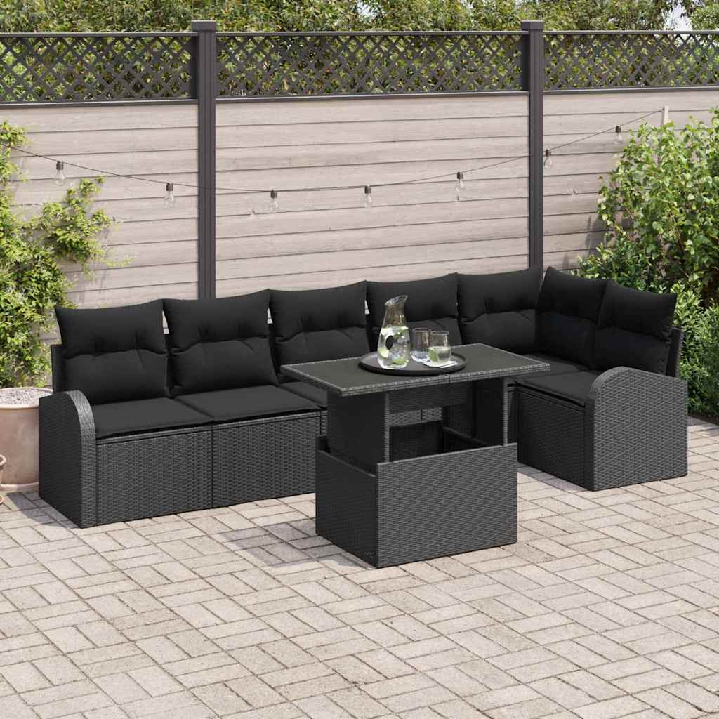 Gartensofa-set mit Kissen mit Kissen 7 pcs Schwarz Poly Rattan