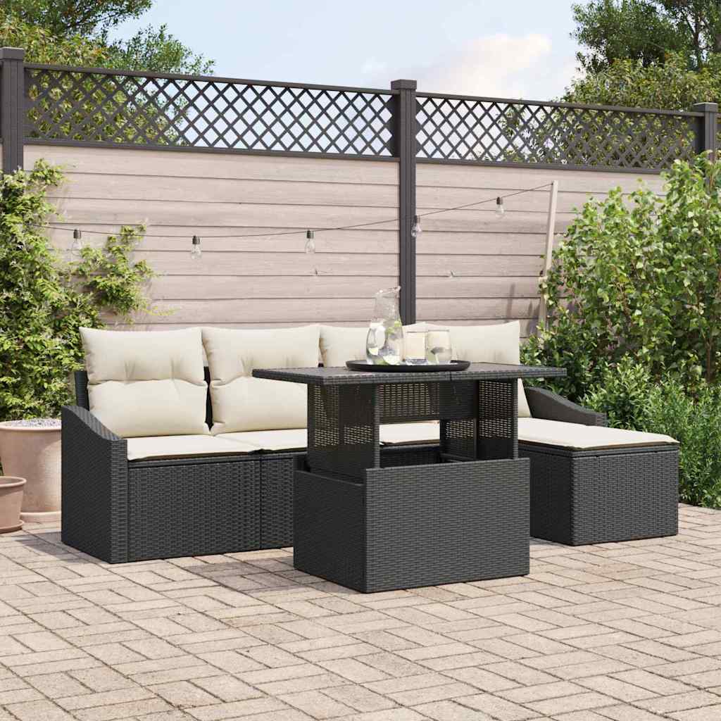 Garten-Sofa-Set mit Kissen 6 pcs Schwarz und Creme Poly-Rattan