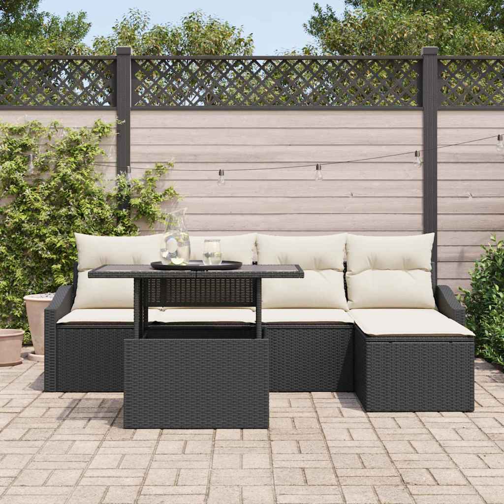 Garten-Sofa-Set mit Kissen 6 pcs Schwarz und Creme Poly-Rattan