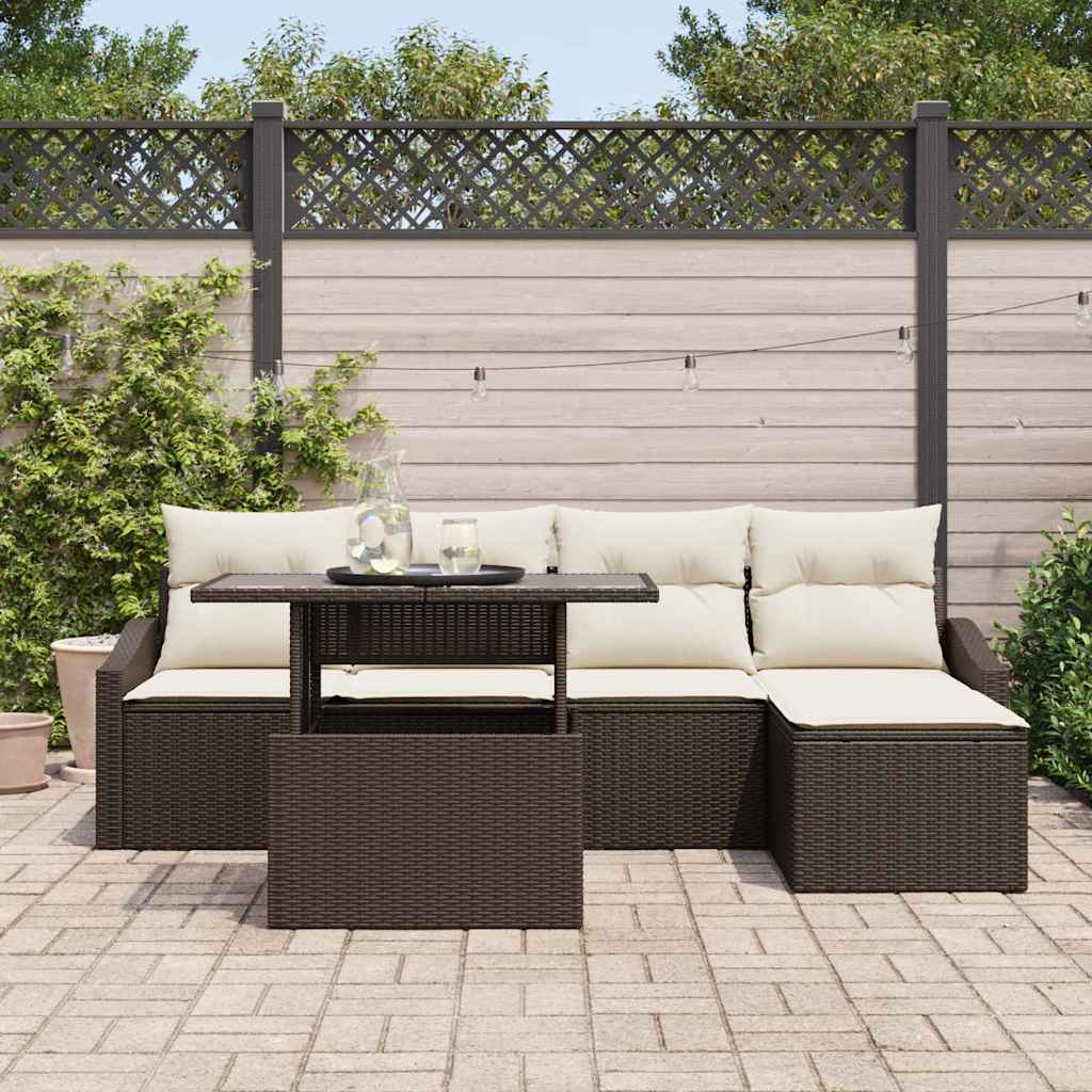 Garten-Sofa-Set mit Kissen 6 pcs Braun und Creme Poly-Rattan