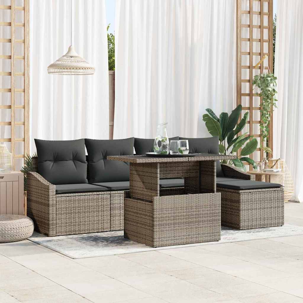 Garten-Sofa-Set mit Kissen mit Speicher 6 pcs Grau Poly-Rattan