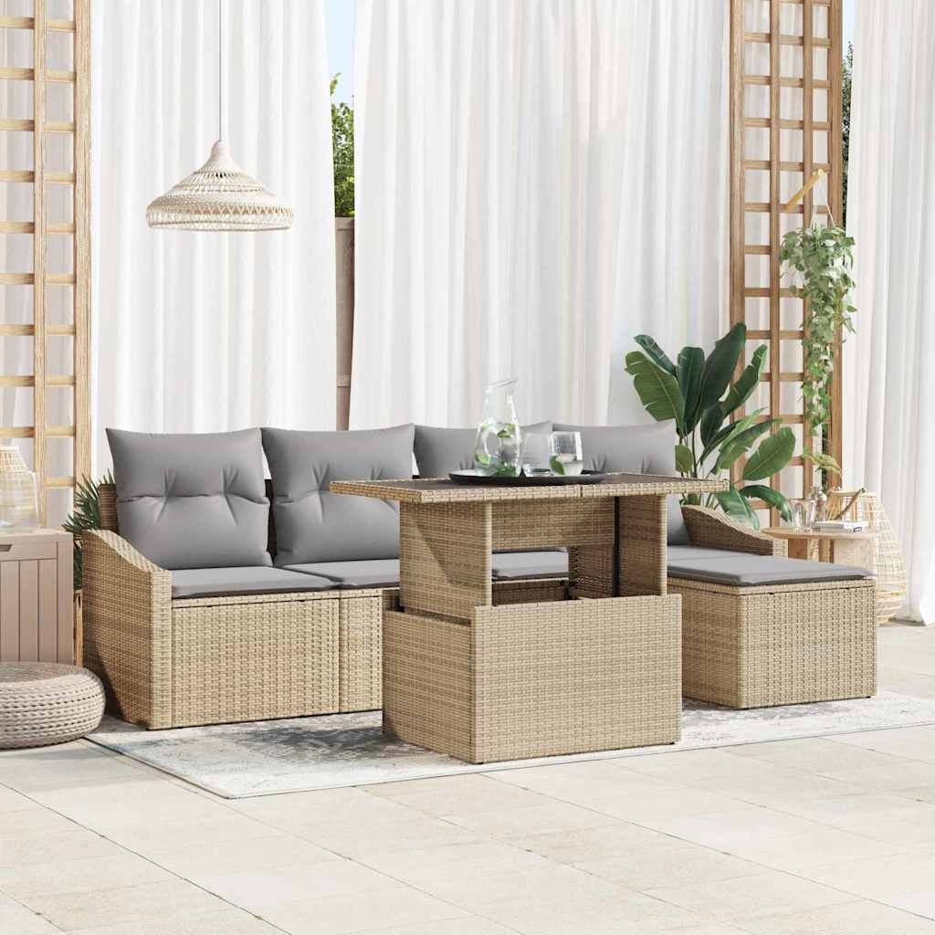 Garten-Sofa-Set mit Kissen 6 pcs Beige und Hellgrau Poly-Rattan