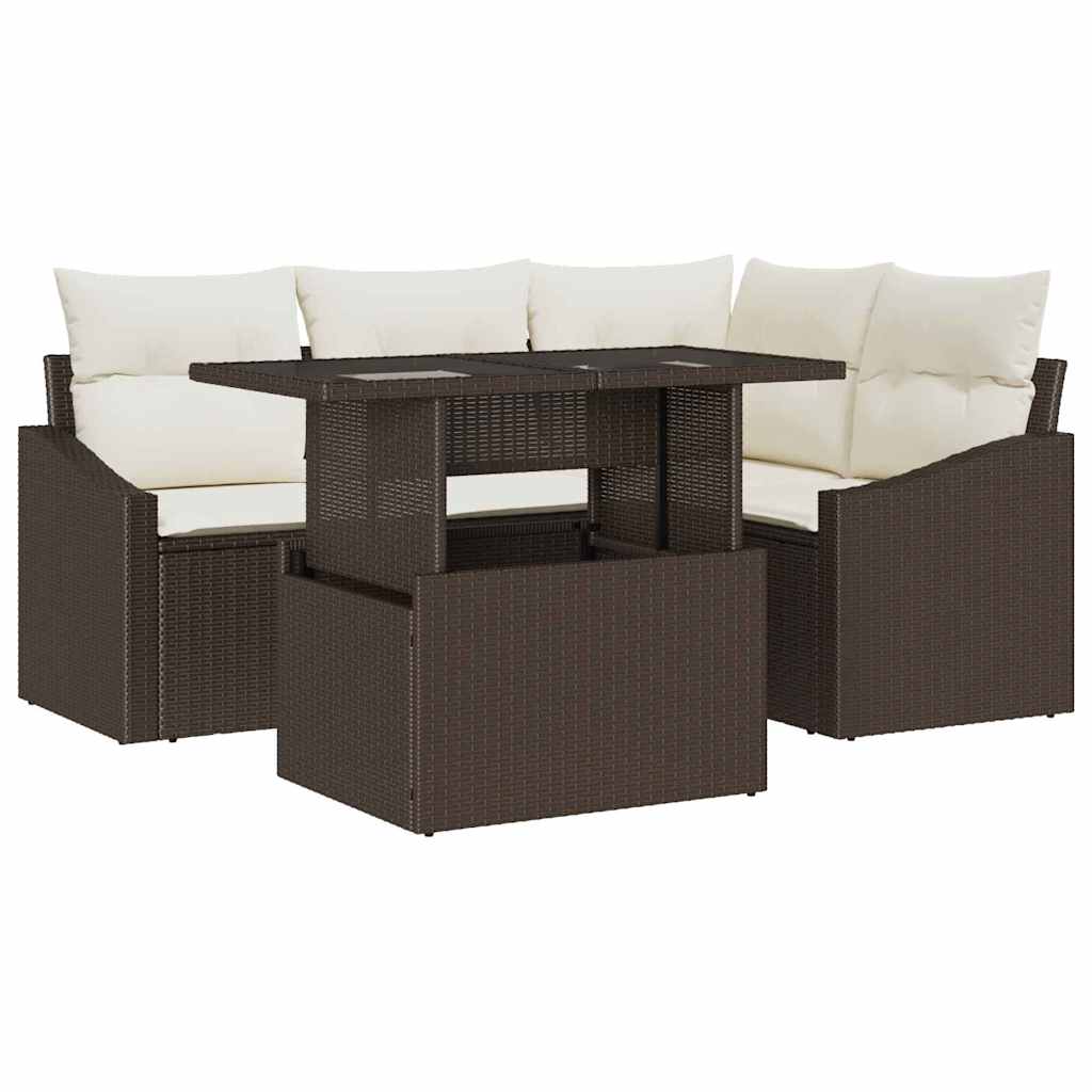 Garten-Sofa-Set mit Kissen mit Speicher 5 pcs Braun und Creme