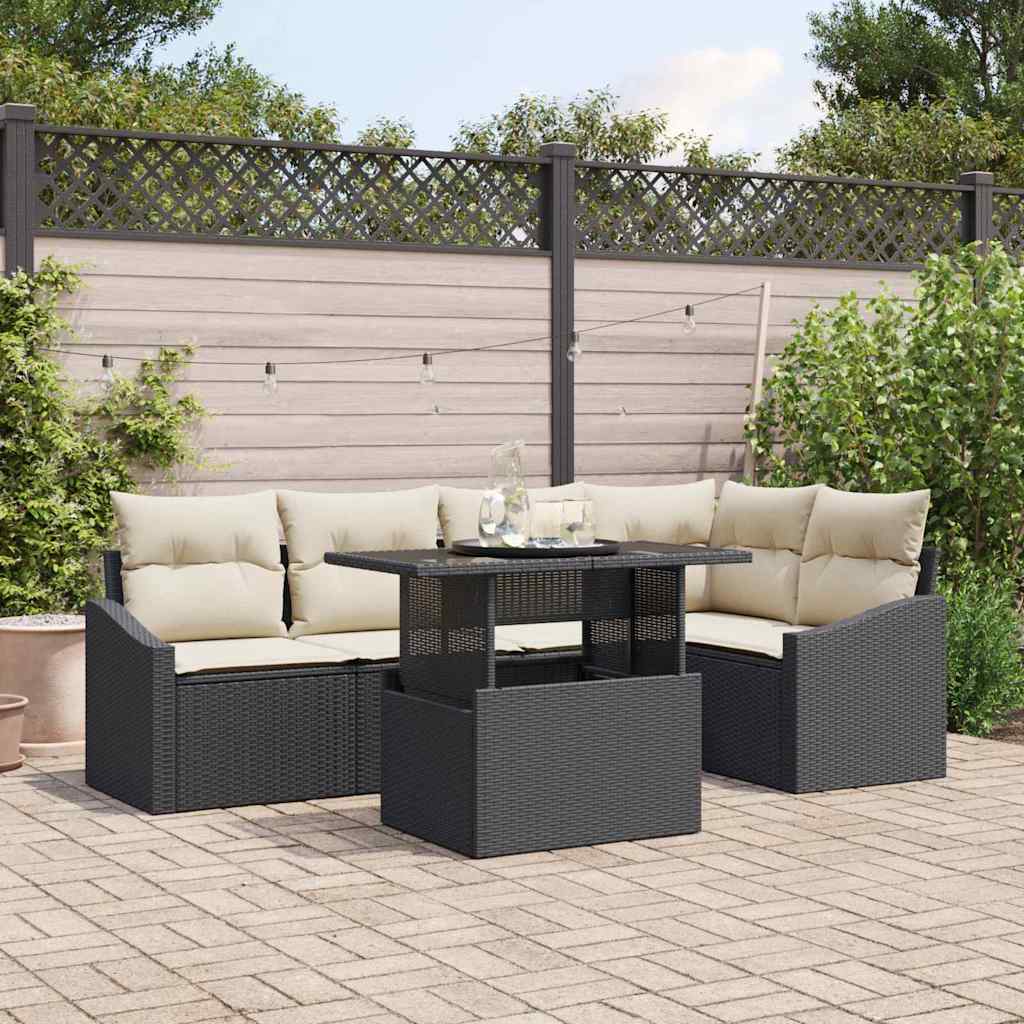Garten-Sofa-Set mit Kissen mit Speicher 6 pcs Schwarz und Creme