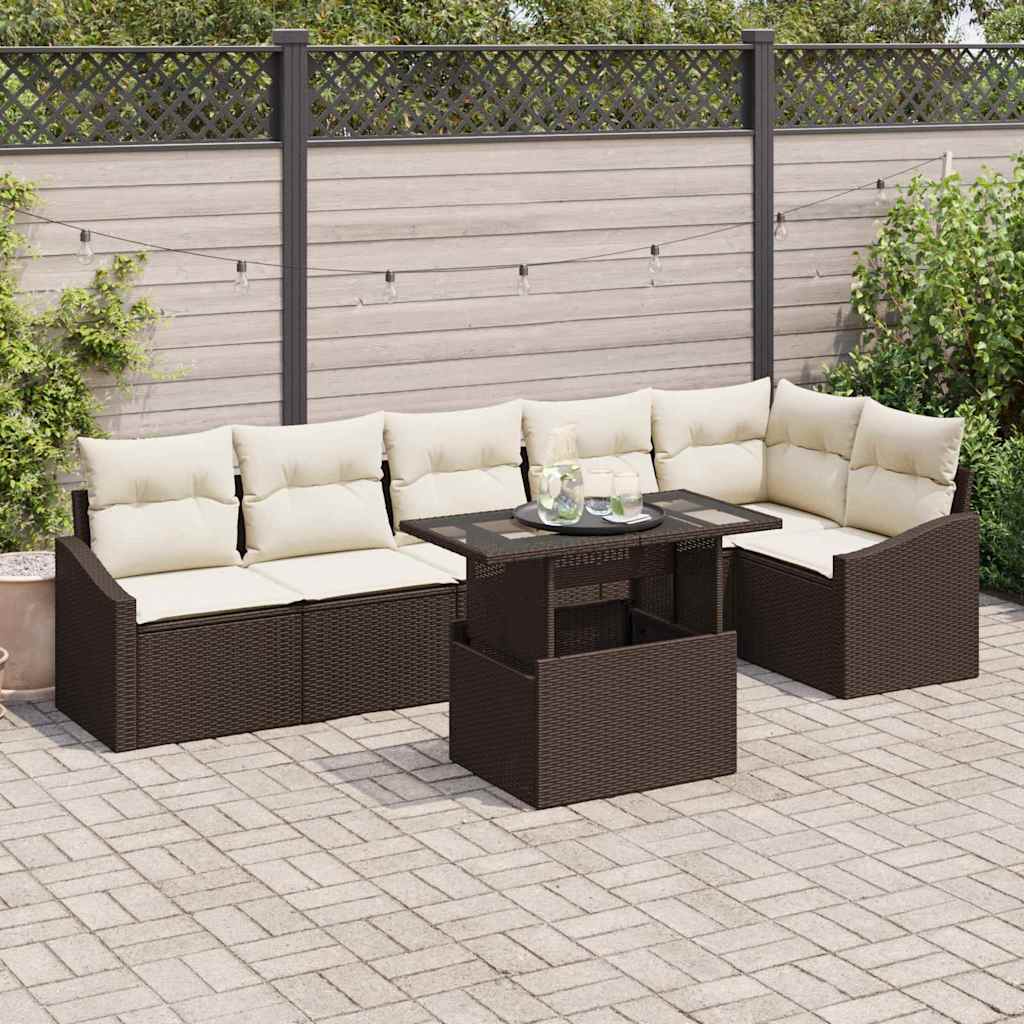 Garten-Sofa-Set mit Kissen mit Speicher 7 pcs Braun und Creme