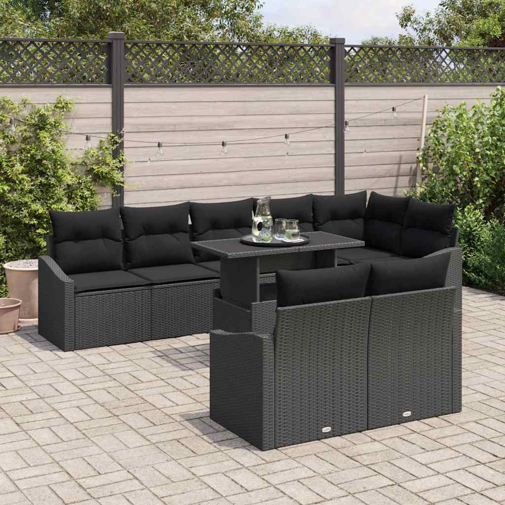 Garten-Sofa-Set mit Kissen mit Speicher 9 pcs Schwarz
