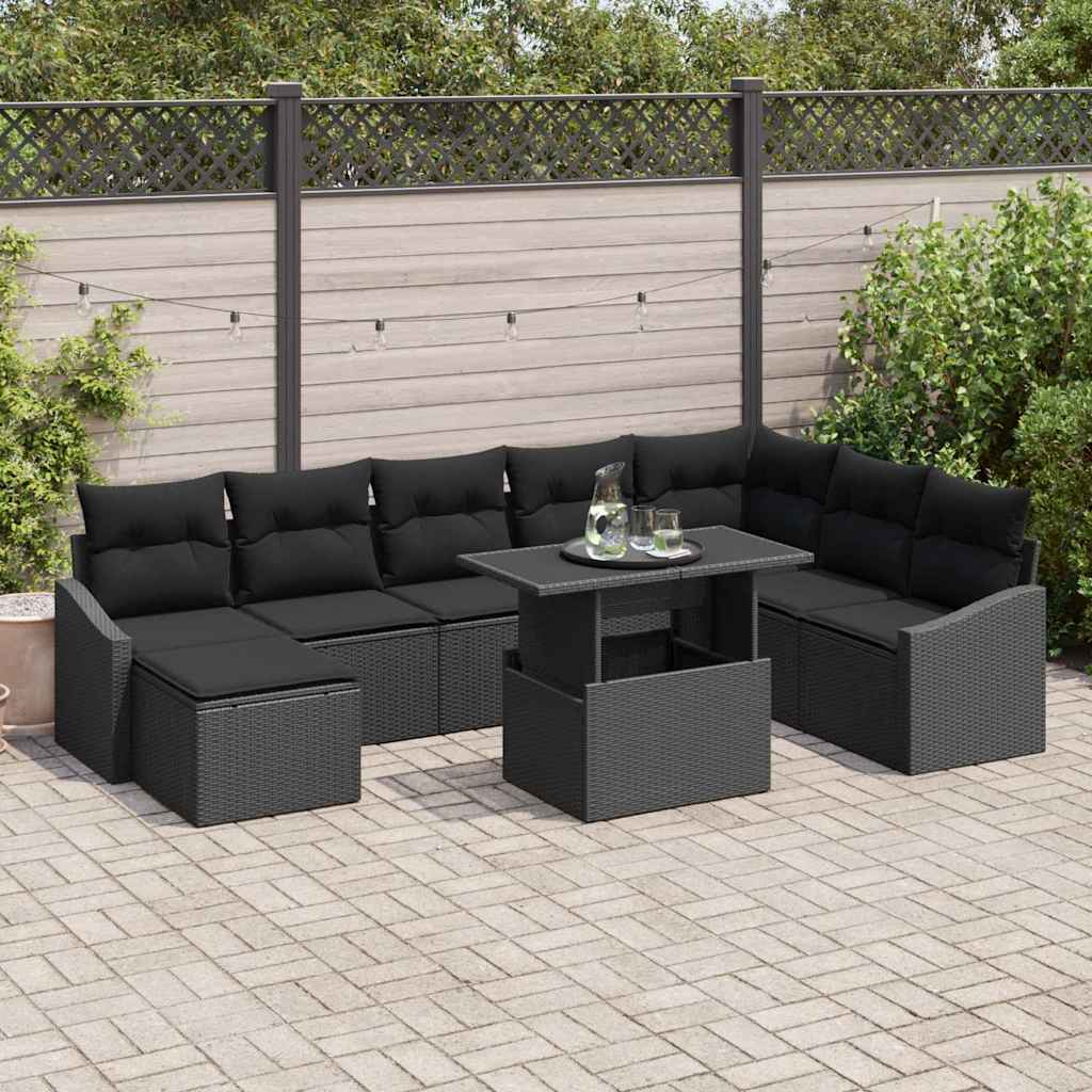 Garten-Sofa-Set mit Kissen mit Speicher 9 pcs Schwarz