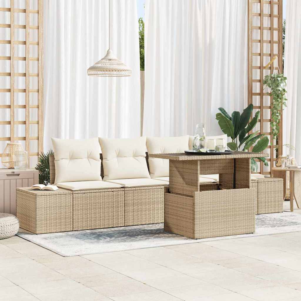 Garten-Sofa-Set mit Kissen mit Speicher 5 pcs Beige und Creme