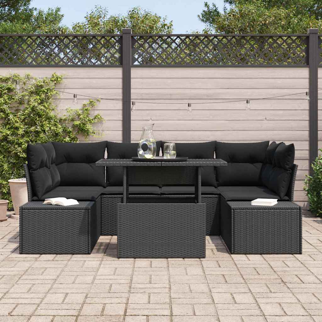 Garten-Sofa-Set mit Kissen 7 pcs Schwarz
