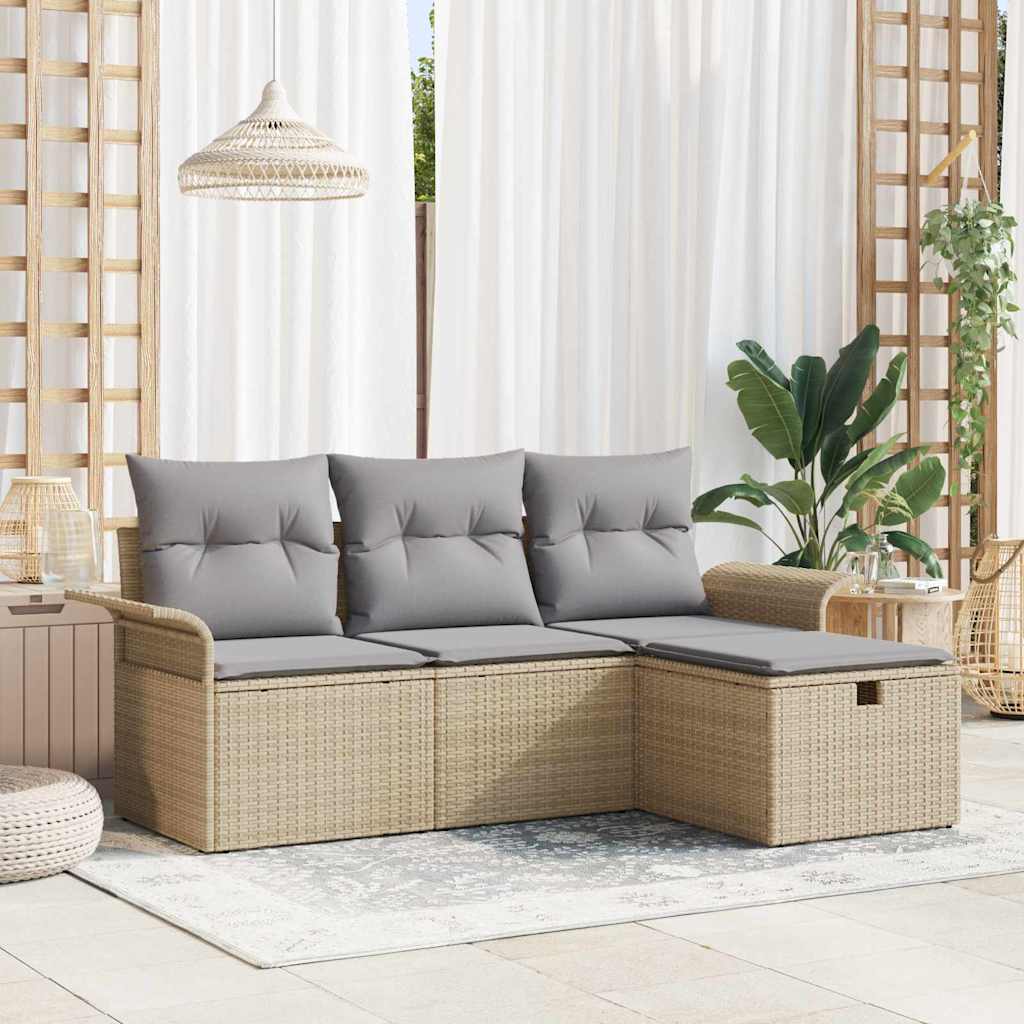 Gartensofa-set mit Kissen 4 pcs Beige und Hellgrau Poly-Rattan