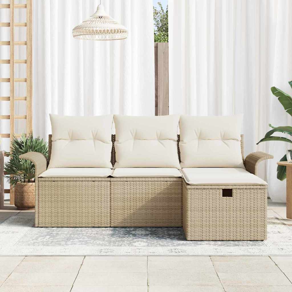 Gartensofa-set mit Kissen 4 pcs Beige und Creme Poly-Rattan