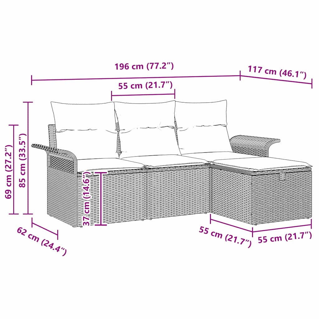 Garten-Sofa-Set mit Kissen 4 pcs Hellgrau Poly Rattan