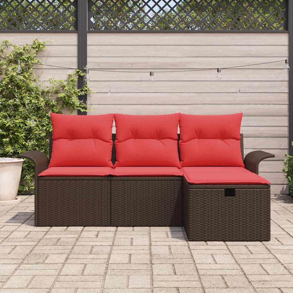Gartensofa-set mit Kissen 4 pcs Braun und Rot Poly-Rattan