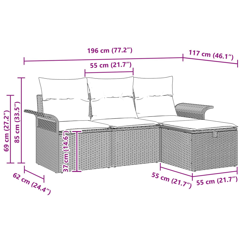 Gartensofa-set mit Kissen 4 pcs Braun und Rot Poly-Rattan