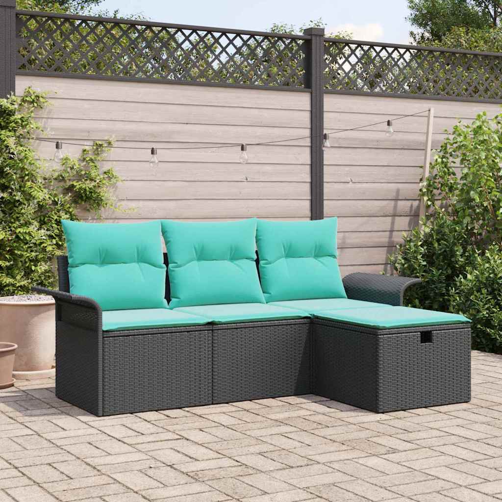 Gartensofa-set mit Kissen 4 pcs Schwarz und Türkis Poly-Rattan