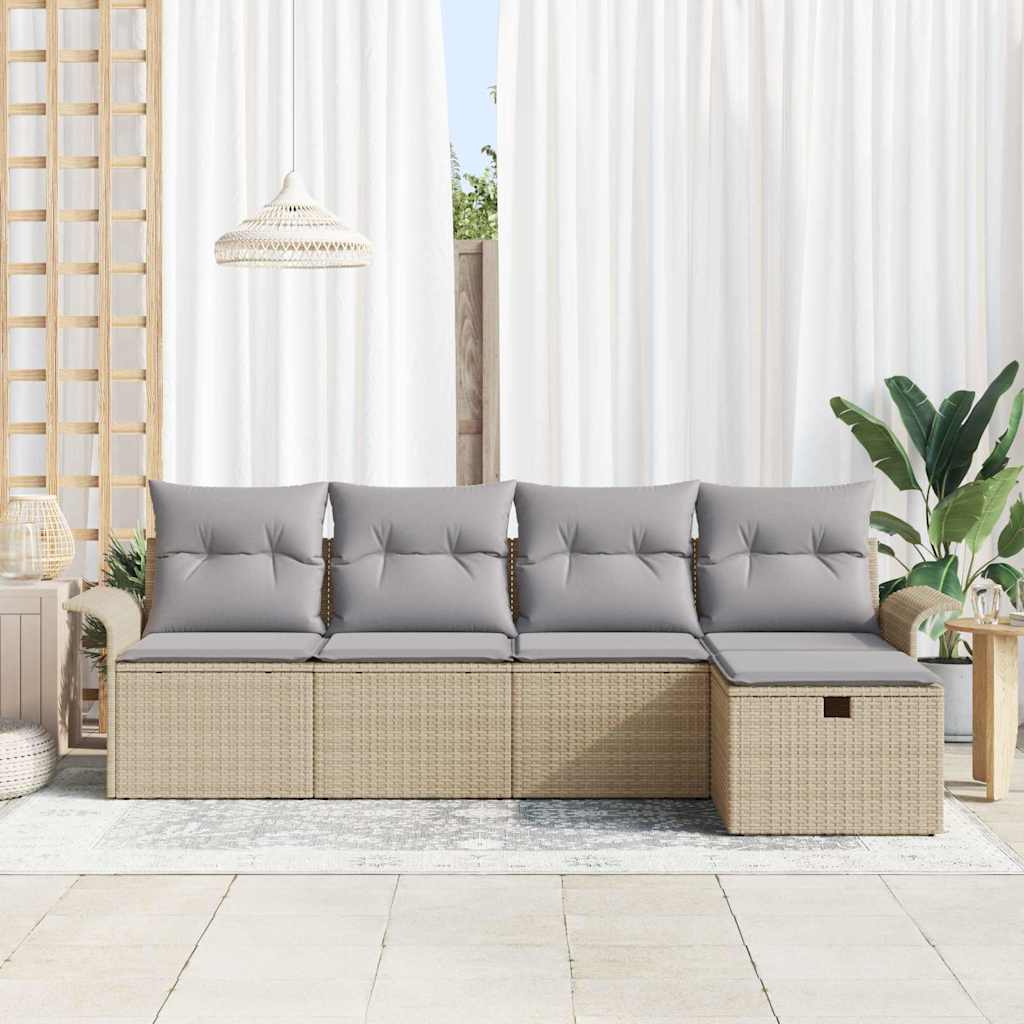 Gartensofa-set mit Kissen 5 pcs Beige und Hellgrau Poly-Rattan