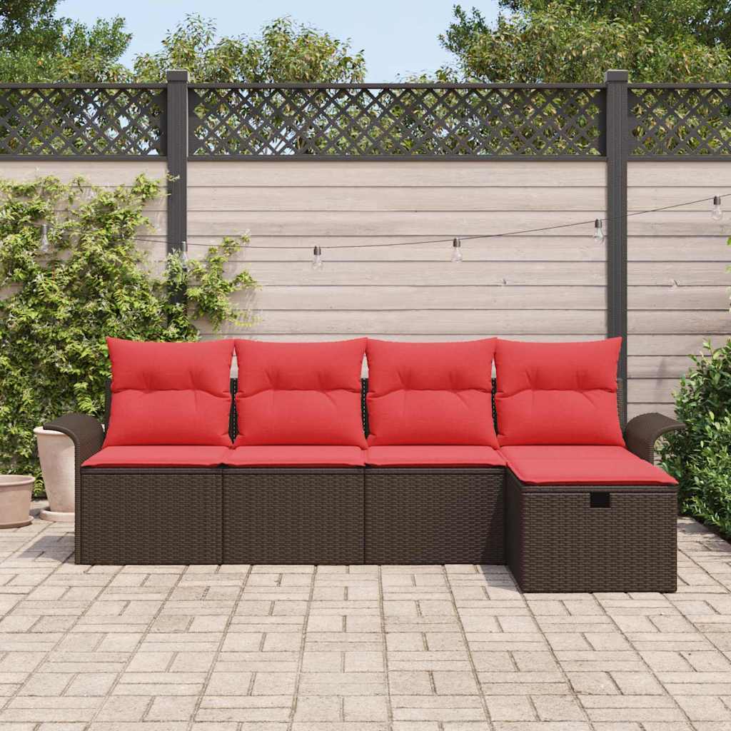 Gartensofa-set mit Kissen 5 pcs Braun und Rot Poly-Rattan