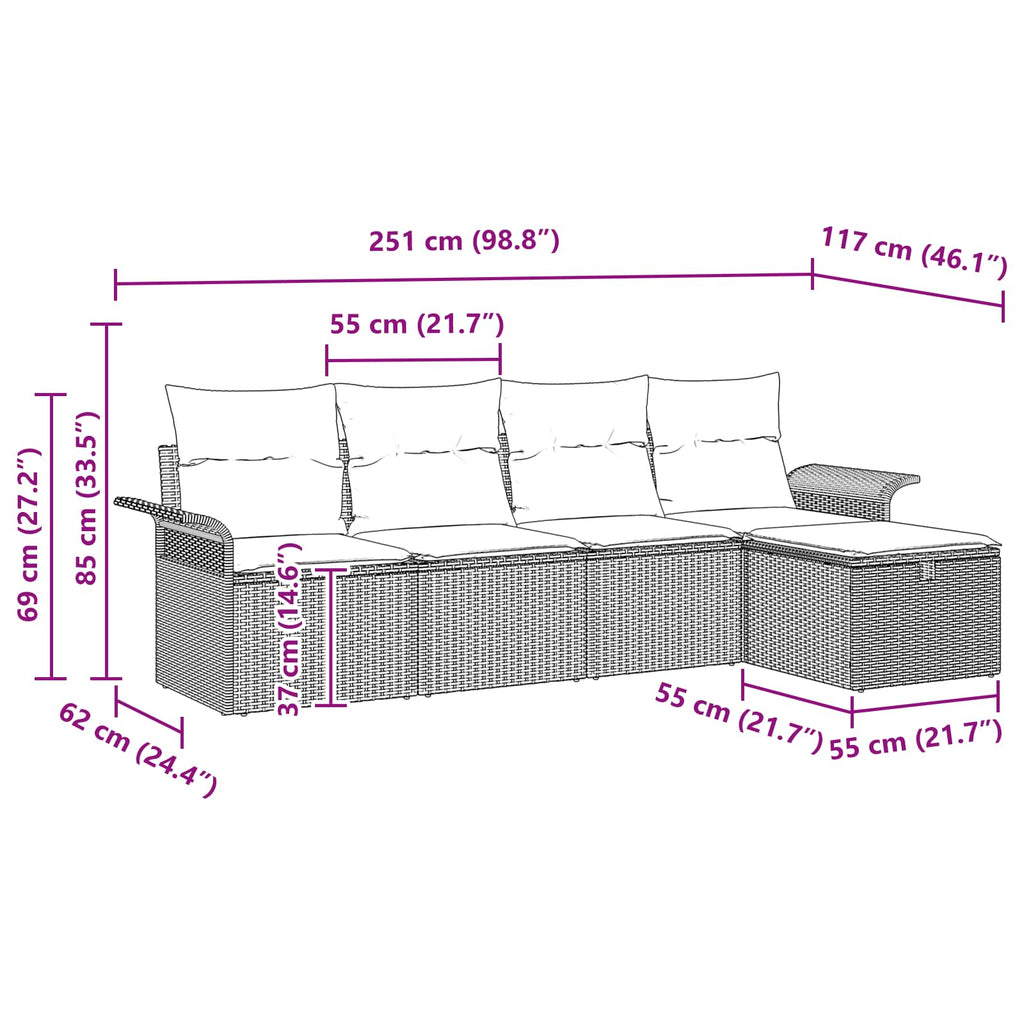 Gartensofa-set mit Kissen 5 pcs Braun und Rot Poly-Rattan