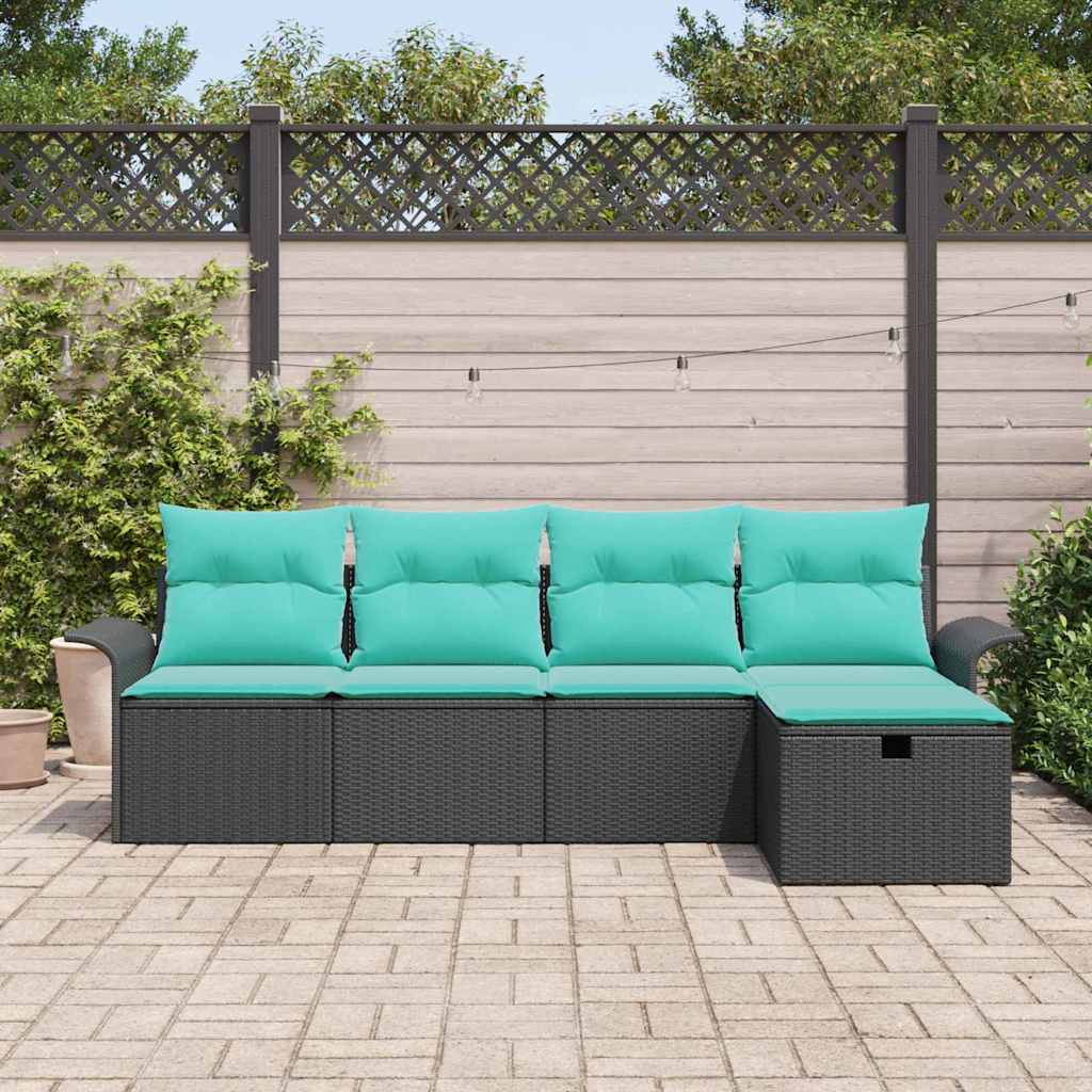 Gartensofa-set mit Kissen 5 pcs Schwarz und Türkis Poly-Rattan