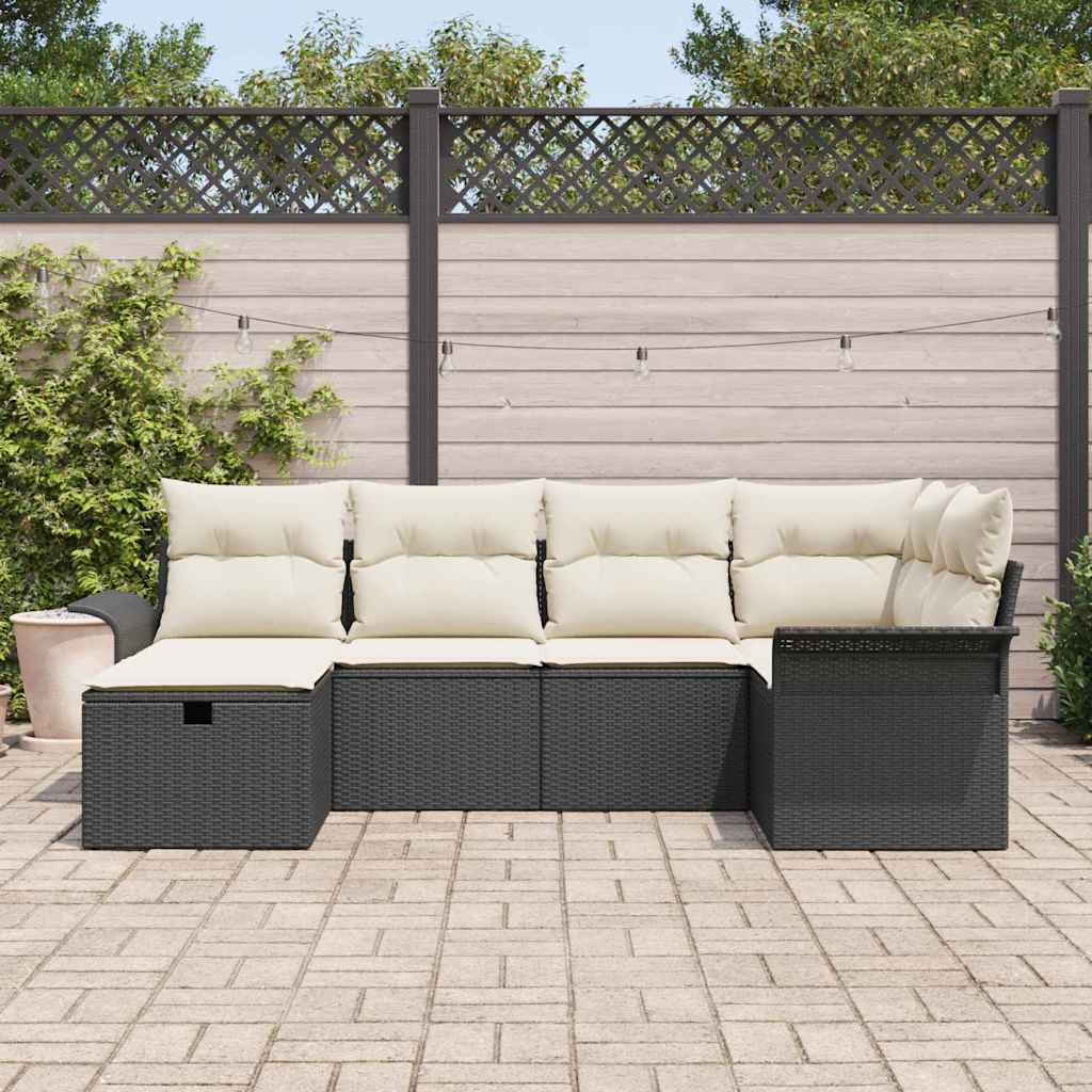 Gartensofa-set mit Kissen 6 pcs Schwarz und Creme Poly-Rattan
