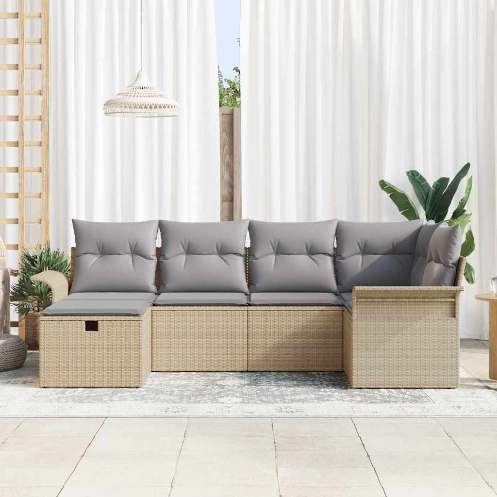 Gartensofa-set mit Kissen 6 pcs Beige und Hellgrau Poly-Rattan