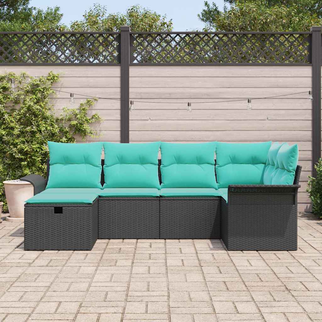 Gartensofa-set mit Kissen 6 pcs Schwarz und Türkis Poly-Rattan