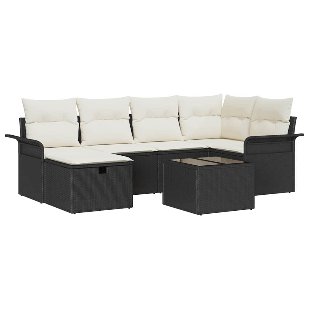 Gartensofa-set mit Kissen 7 pcs Schwarz und Creme Poly-Rattan